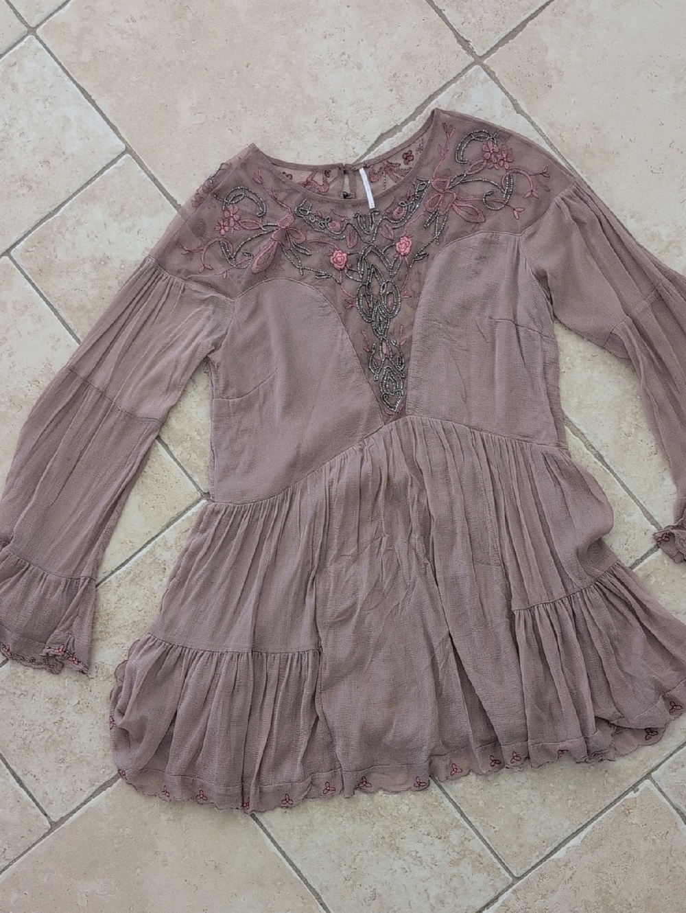 Free People Dusty Mauve Embroidered Boho Tunic